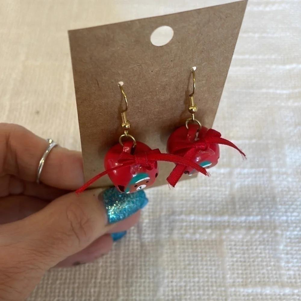 💐5/25 Christmas bear red bow jingle bells earrings holiday novelty